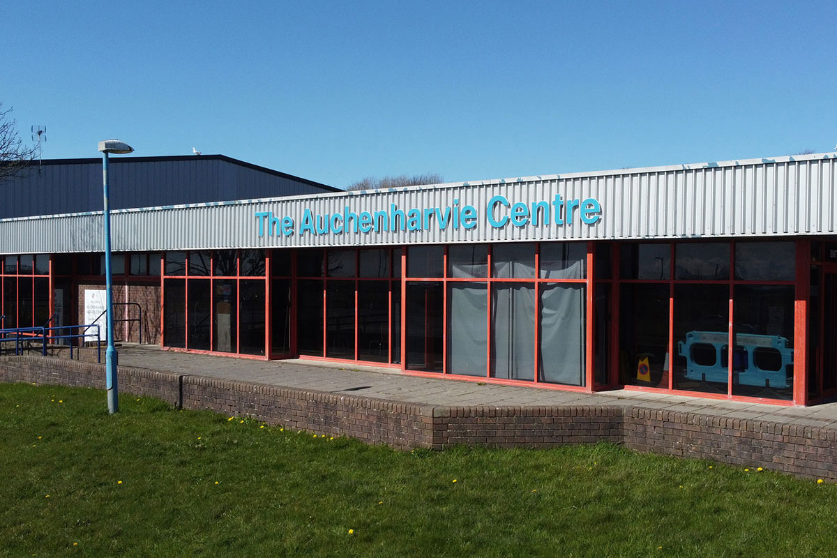 Outside of Auchenharvie Leisure Centre